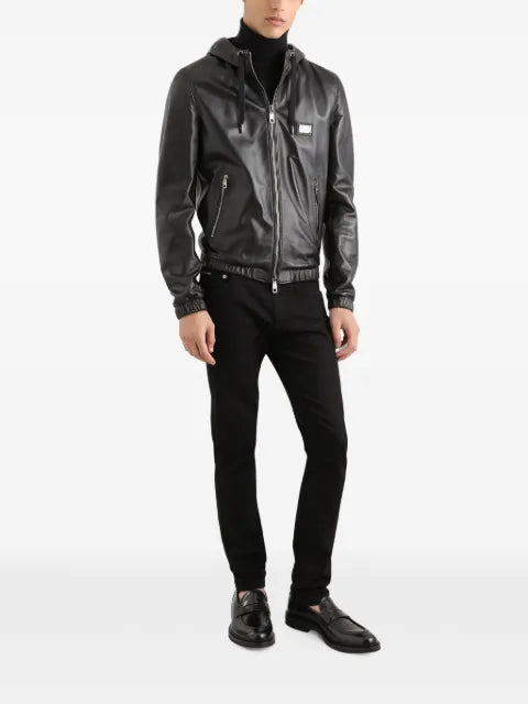 Dolce & Gabbana logo-tag hooded leather jacket