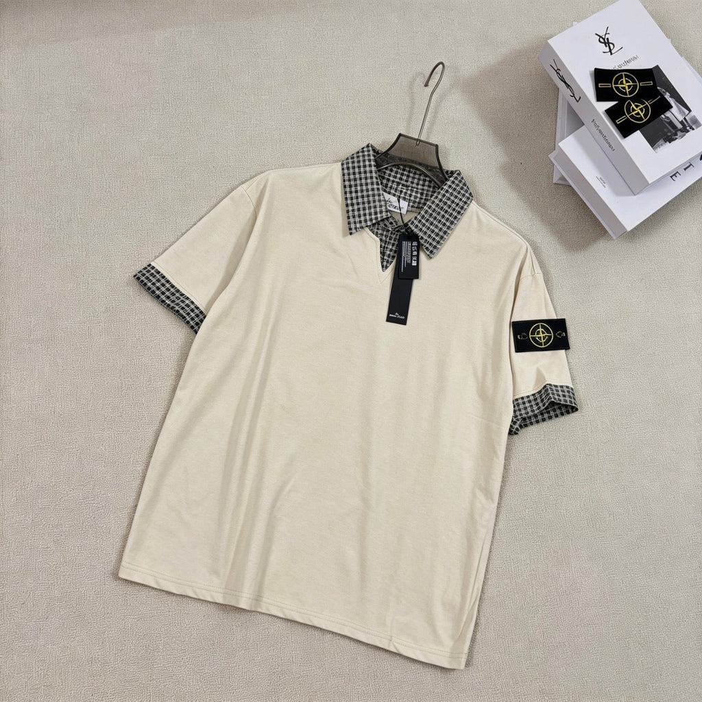 Stone Island Faux Two-Piece Short Sleeve Top with Gingham Collar
