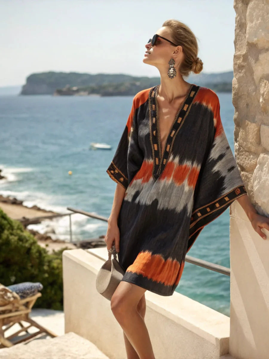 Women's Boho Striped-Trim V-Neck Short Kaftan Dress