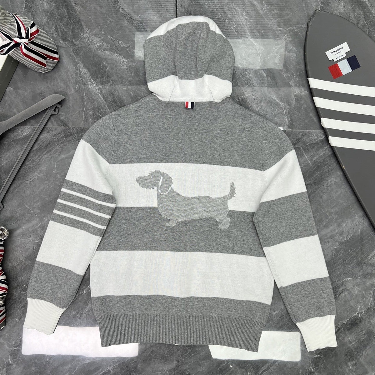 Thom Browne Style Striped Dog-Motif Zip-Up Knit Hoodie