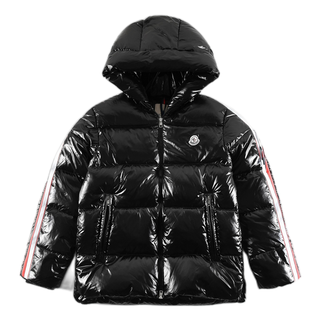Moncler Tricolour Sleeve-Stripe Glossy Hooded Puffer Jacket – Alpine Heritage