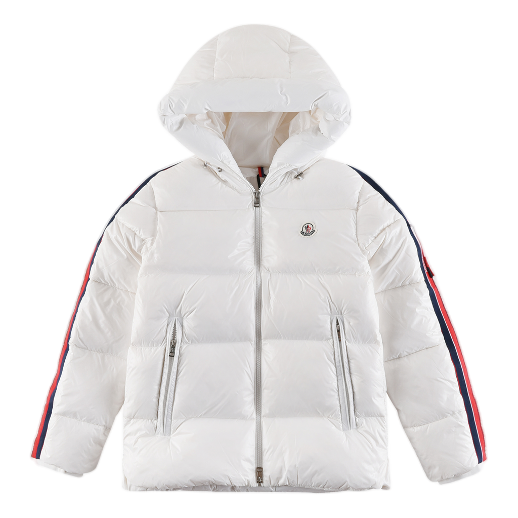 Moncler Tricolour Sleeve-Stripe Glossy Hooded Puffer Jacket – High Shine
