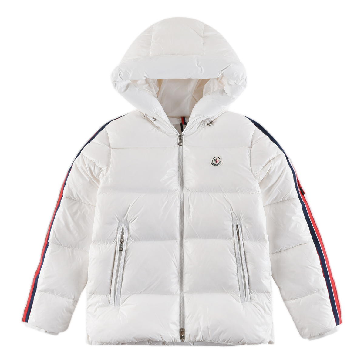 Moncler Tricolour Sleeve-Stripe Glossy Hooded Puffer Jacket – High Shine