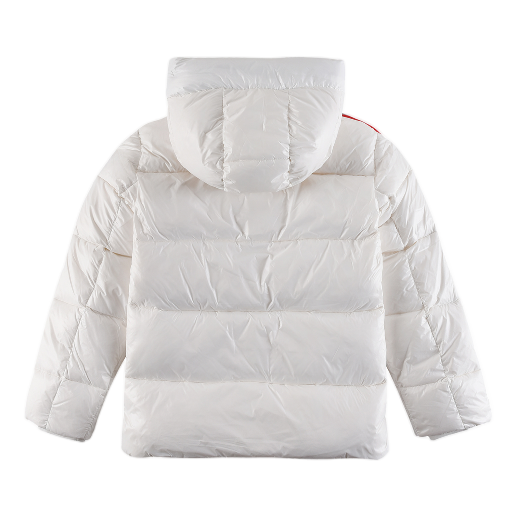 Moncler Tricolour Sleeve-Stripe Glossy Hooded Puffer Jacket – High Shine