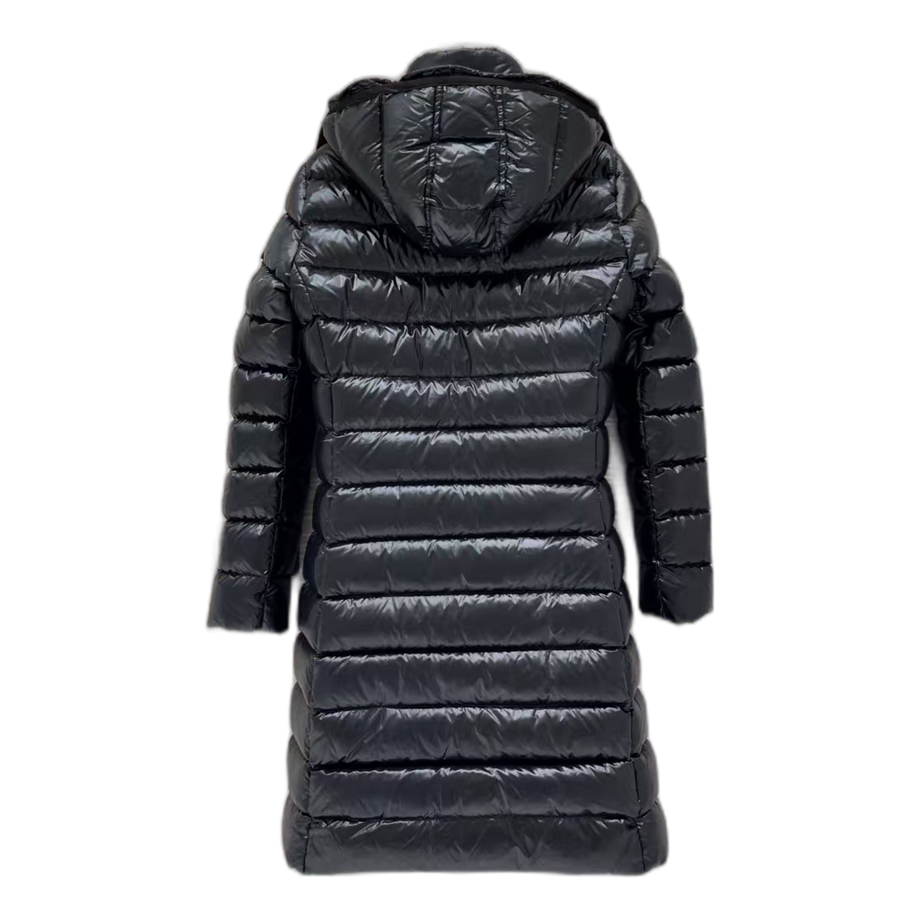 Moncler Narrow-Quilt Fur-Trim Hooded Long Puffer Coat – Black