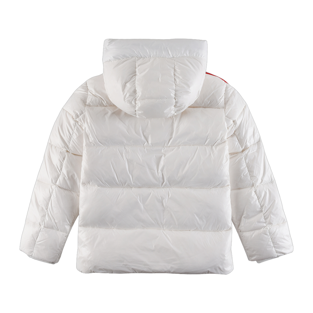 Moncler Tricolour Sleeve-Stripe Hooded Puffer Jacket – White