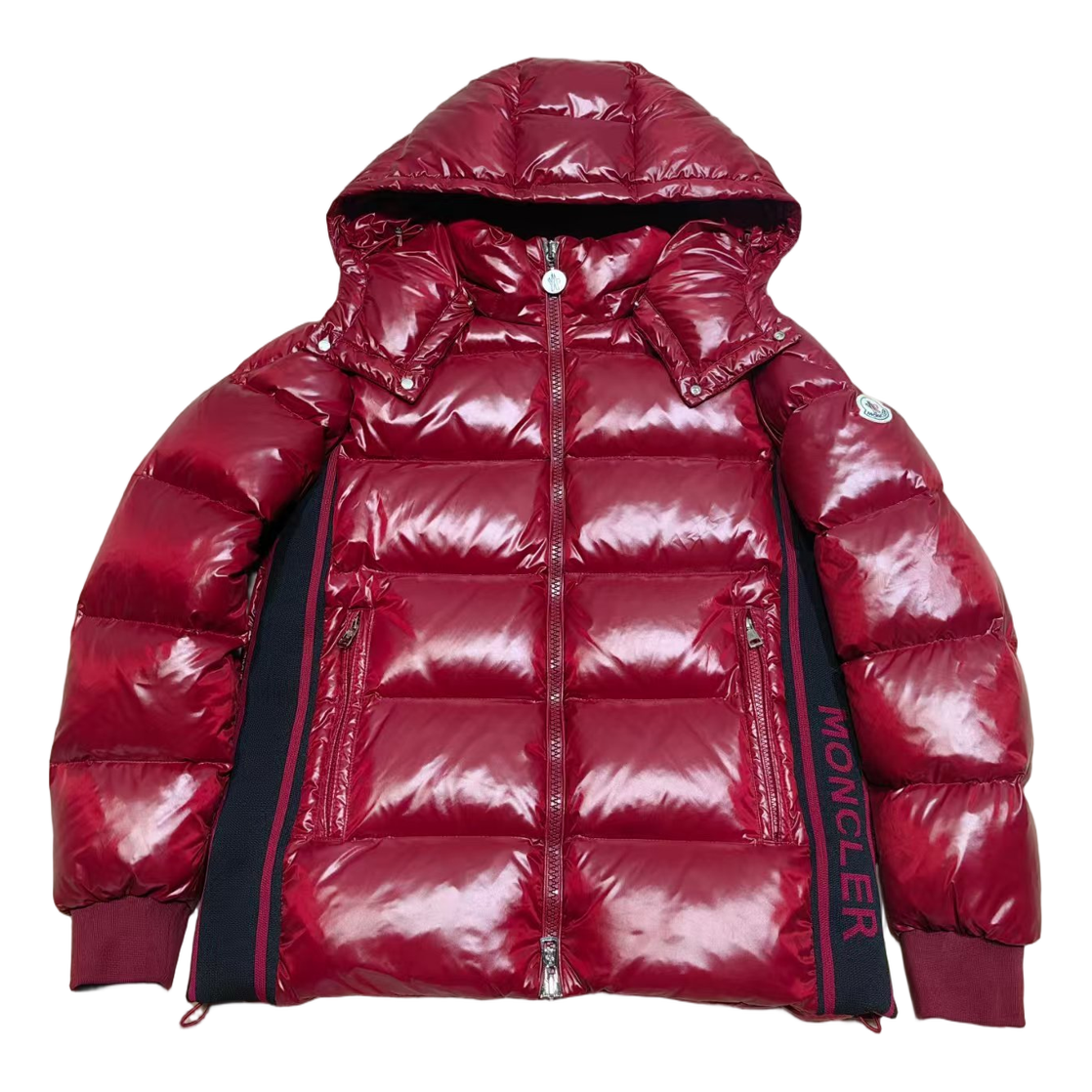 Moncler Logo-Zip Glossy Hooded Puffer Jacket – Red