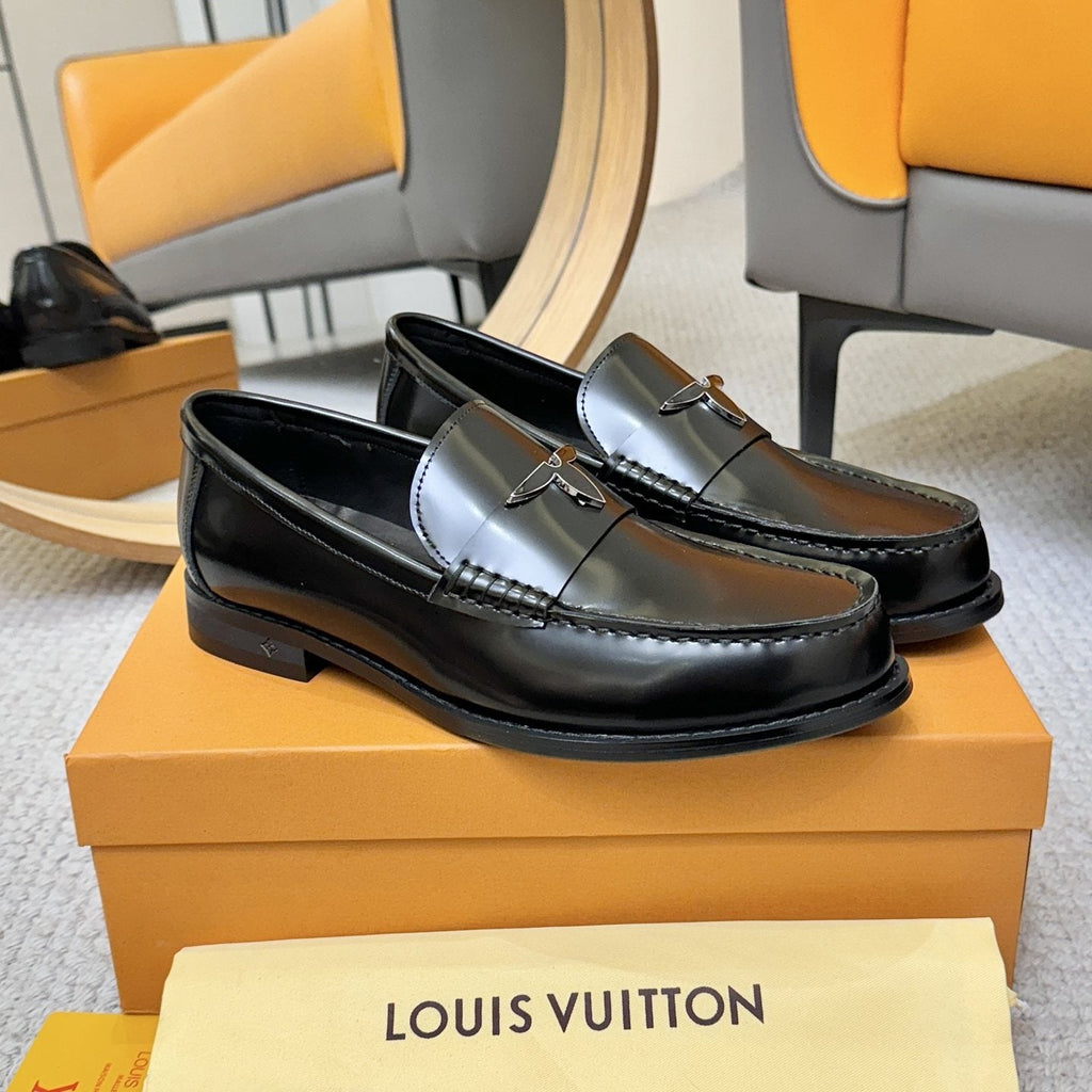 Louis Vuitton Men's Black Leather Loafers - Slip-On Design