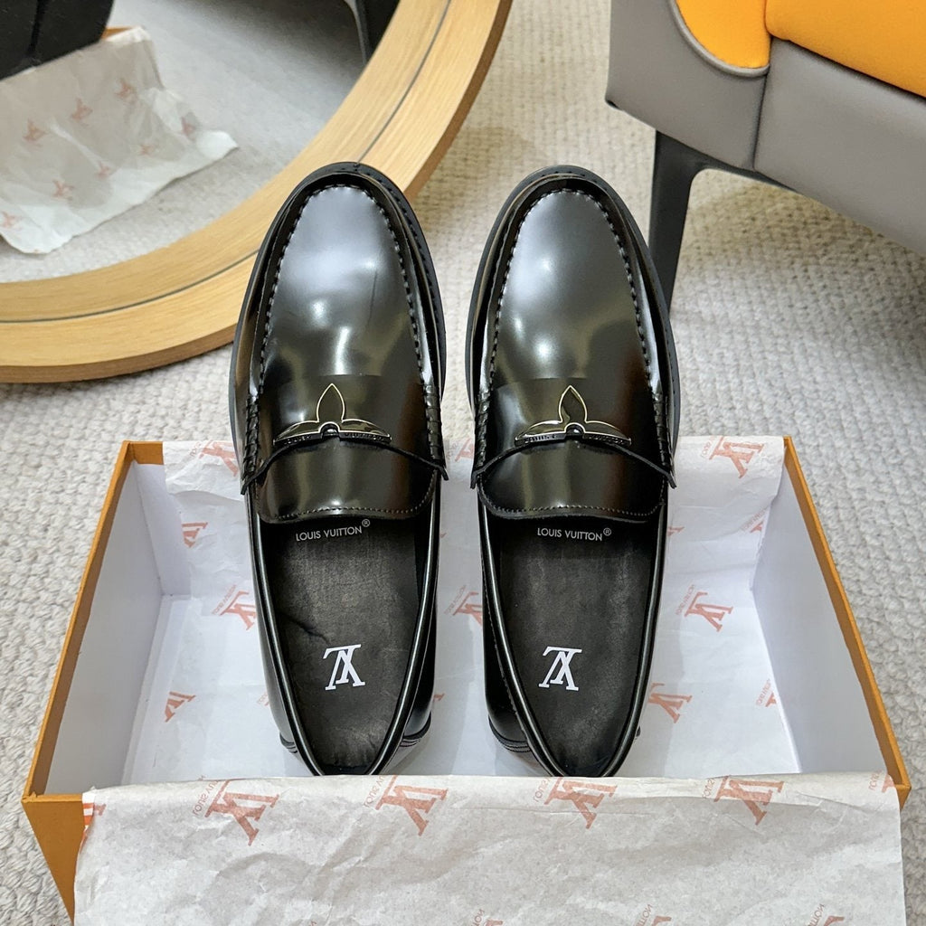 Louis Vuitton Men's Black Leather Loafers - Slip-On Design