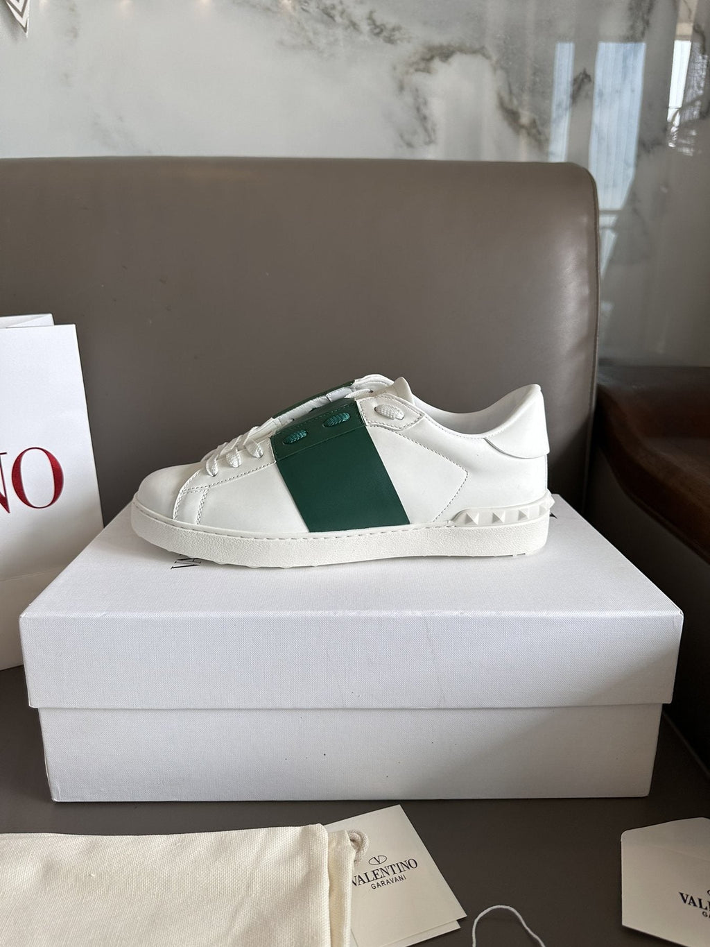 Valentino White and Green Studded Low-Top Sneakers